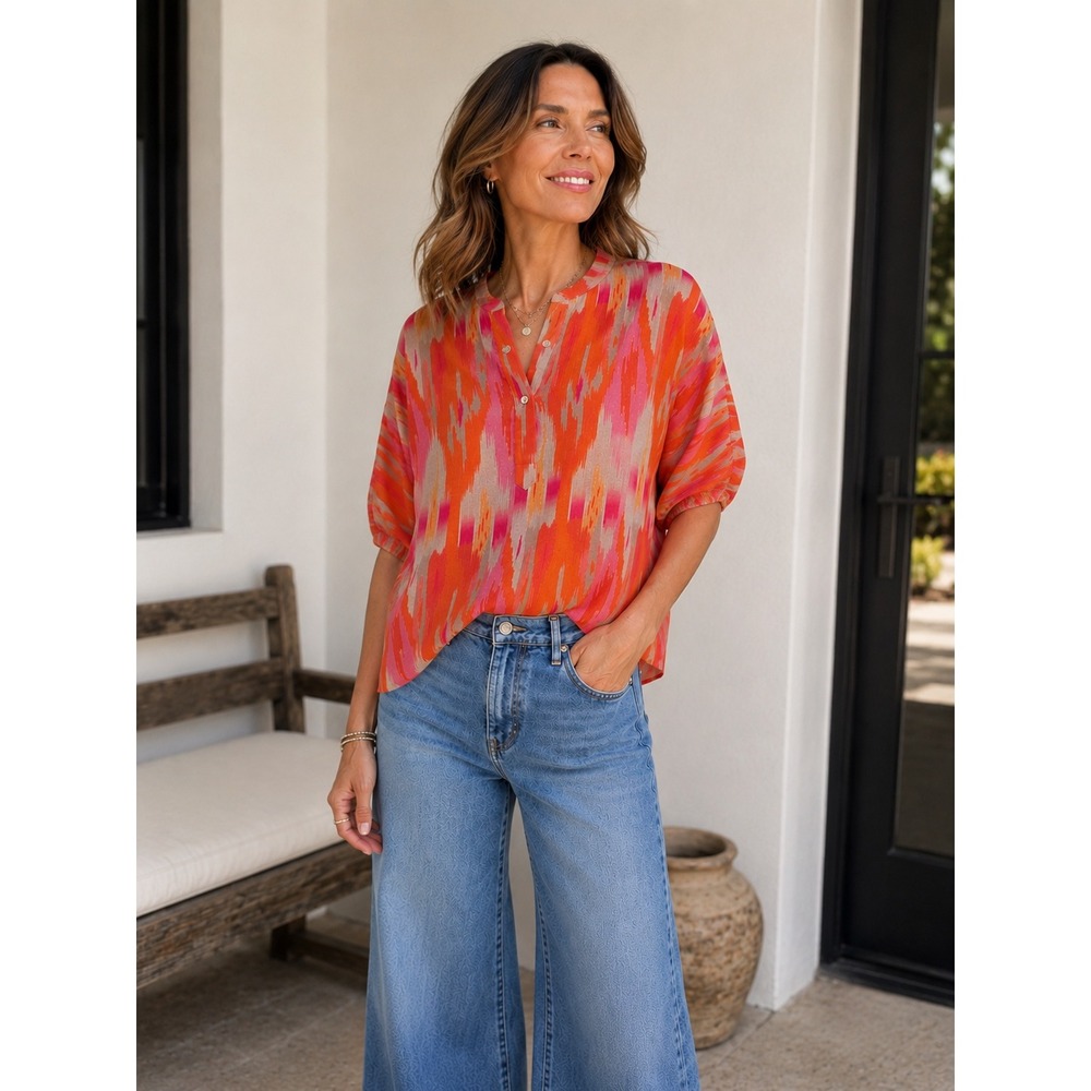 Vilagallo Women Pink Orange Ikat Print 100% Cotton Blouse Split Neck Top Size 42